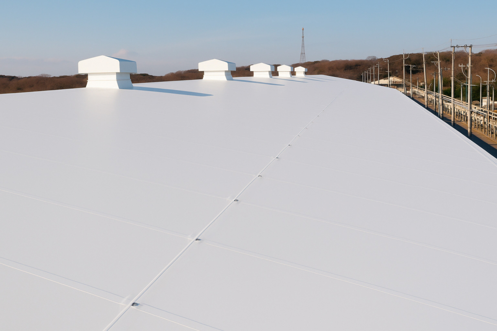 防水施工が完了した工場のスレート屋根。真新しい白い塩ビシートで全面が覆われ、美しく仕上がっている