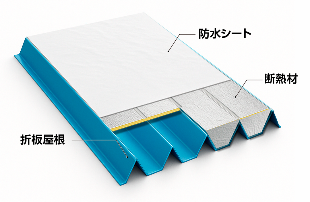 折板屋根の上に断熱材と防水シートを重ねた構造を示すイラスト