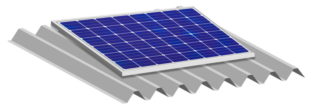 工場や倉庫に多い折板屋根（折版屋根）の上にソーラーパネルが設置されているイラスト。太陽光発電システムの設置イメージと屋根形状の構造図